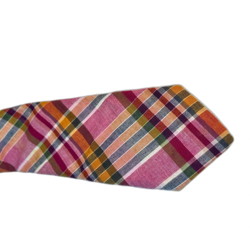 J. Crew Men's Pink Orange Multicolor Preppy Madras Plaid 100% Cotton Tie